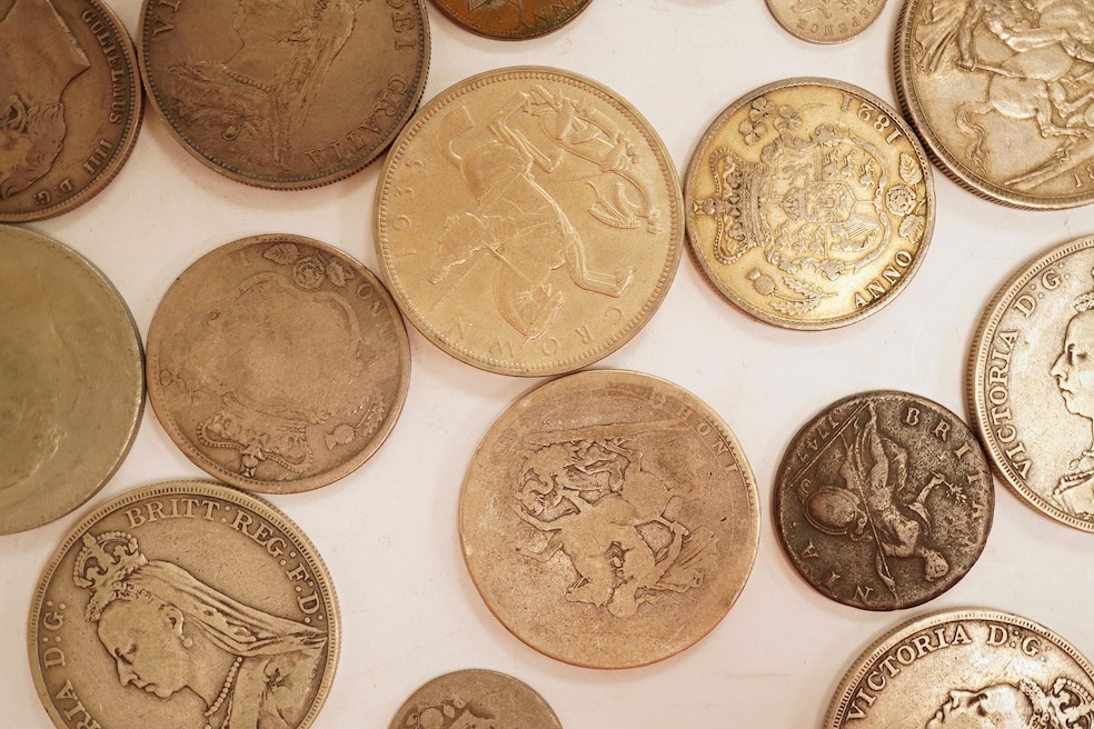 British coins, including silver crowns, George III, Victoria, George V, Victoria double florins, etc.
